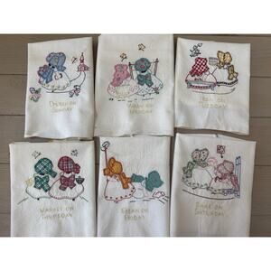 VTG Sunbonnet Sue Days Of Week Embroidered Flour Sack Towels Unfinished Stained